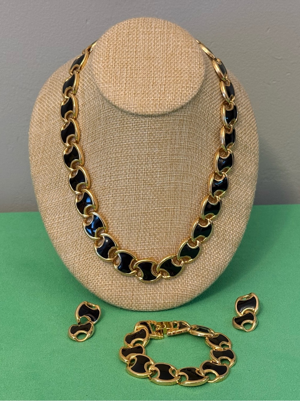 Gold-Tone Black Enamel Parure Link Necklace, Bracelet & Earring Set